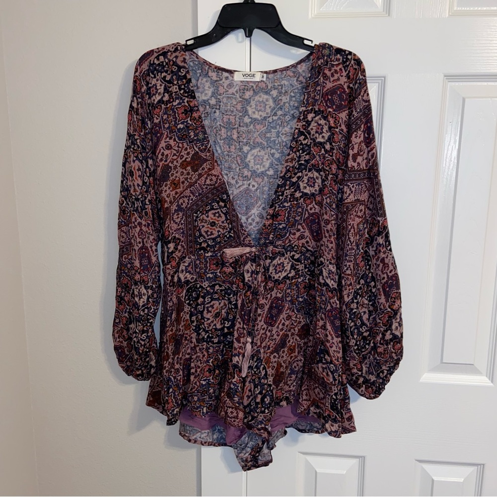 Voge Boutique Boho Bohemian Burgundy Romper Long Sleeve